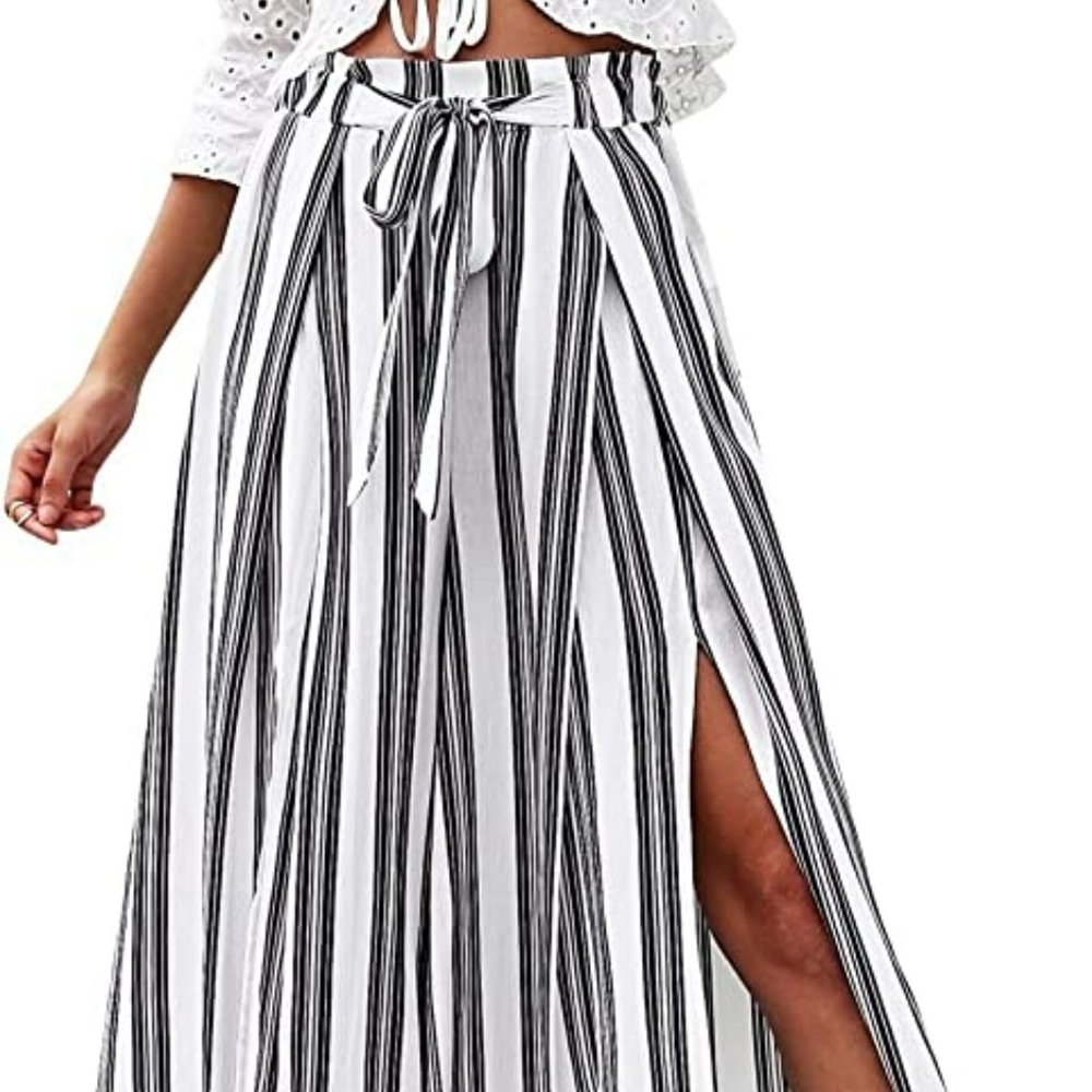 Striped split high waisted flowy wide leg pants